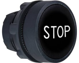 Schneider Electric Harmony Style 5 trykknap med sort paddetryk og hvid "STOP" tekst, ZB5AA234 model, lavet af kunststof.