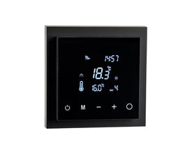 SG Armaturen Heatreg 13A termostat i sort med et digitalt display, der viser tid, temperatur og ikoner.