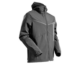 Stengrå Mascot softshell jakke med hætte, vist fra siden, med synlige lynlåse og elastik ved ærmer.