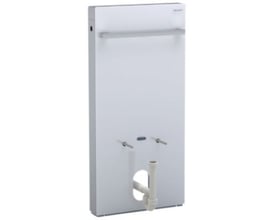 Bagside af Geberit Monolith bidetmodulet, viser tilslutninger og P-vandlås i hvidt glas og aluminium.