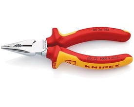 Knipex spids kombitang 08 26 145 med rød-gule isolerede håndtag og mærket 1000V, ideel til installationsarbejde.