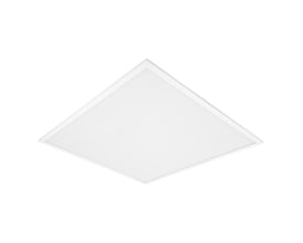 Hvidt, kvadratisk LEDVANCE Panel Comfort Power Select LED-panel fra Osram på 33 W, set skråt forfra.
