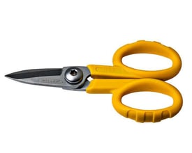 Ergonomisk Kevlar saks model 160-KS-1 med gule greb og skarpe metalklinger, velegnet til præcis klipning af stærke fibre.
