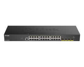 Sort D-Link DGS-1250-28X administrerbar switch set forfra med 24 Gigabit Ethernet-porte og 4 SFP+-porte.