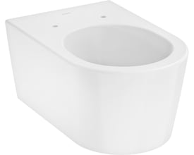 Frontvisning af Hansgrohe Elupura S væghængt toilet, hvidt porcelæn, uden skyllerand, med synlige monteringshuller og glat overflade.