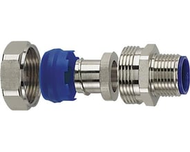HellermannTyton FM F/Ø32-FMC-PG2 metalforskruning i 10 stk. Viser de fire dele i sølvfarvet metal og en blå plastkomponent.