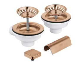 Grohe bundventil sæt til køkkenvask med børstet Warm Sunset finish, inklusiv to afløbspartier, si og firkantet dækkappe.