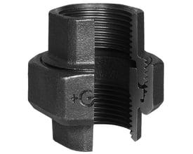 Unico muffe/muffe union fitting i sort jern med 1 1/4" indvendige gevind, vist med et tværsnit der viser gevindene.