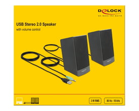 Emballage med DeLock Stereo 2.0 PC-højttalere, USB-strømforsyning og 3,5 mm stereo-jackstik.