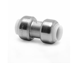 VSH Tectite samlemuffe i krom til 15 mm rør, viser det metalliske design og den hvide plastindsats.