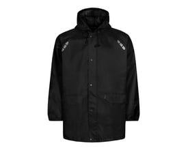 Sort Lyngsøe Rainwear FOX6048 regnjakke i størrelse XS med fast hætte, skjult lukning, frontlommer og refleksdetaljer.