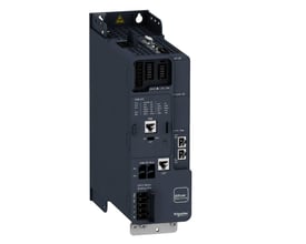 Sidebillede af Schneider Electric ATV340 frekvensomformer, der viser tilslutningsmuligheder og mærkater som 'Altivar Machine' og 'Schneider Electric'.