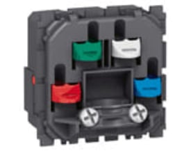 Bagside af Legrand Mosaic kabeludtag med tydelige skruefri tilslutningspunkter til grøn, hvid, rød og blå ledning.