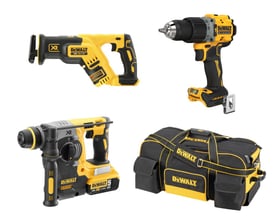 DeWalt 18V XR værktøjssæt med slagboremaskine, bajonetsav, borehammer og værktøjstaske på hjul, alle i gul og sort.