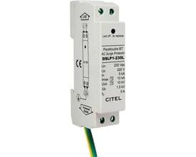 CITEL DSLP1-230L Type 2+3 AC surge protector for LED lighting, mounted on a DIN rail with visible technical specifications and a green/yellow earth wire.