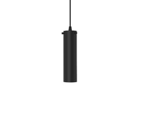 Sort Svedbergs Cylinder loftslampe med integreret LED, vist hængende med ledning og cylindrisk lampehus.