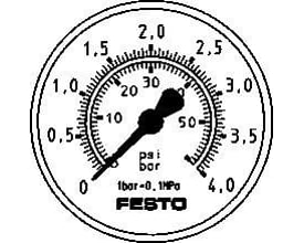 Festo præcisionsmåler MAP-40-1-1/8-EN, en cirkulær trykmåler med tydelige skalaer for psi og bar.
