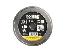 Ironside 2-in-1 skæreskive på 125 x 1,6 mm til stål og rustfrit stål i rund metalæske.