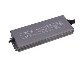 V-TAC 300 W strømforsyning til LED strips med aflangt gråt metalhus og sorte kabler i begge ender.