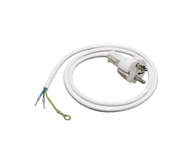 Hvidt Dormakaba-netkabel til ED 100 og ED 250, 230 V, med stikprop og ledningsender med ringterminal.