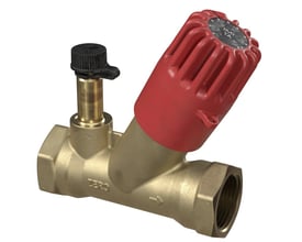 IMI TA-Therm Zero cirkulationsventil i blyfri messing med rød indstillingsknap og 1/2" muffevind. Ventilen har "ZERO" præget på siden.