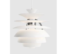 Louis Poulsen LED 3000 armatur med hvide lagdelte skærme og Bluetooth-styring, 41W, 1800K, 894 lumen.