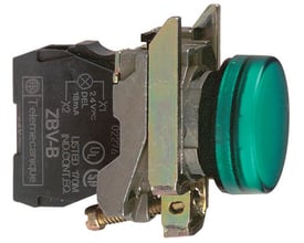 Detaljeret billede af Schneider Electric signallampe XB4BV63, grøn, med fokus på fatningsmekanismen og mærkning.