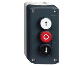 Nærbillede af Schneider Electric XALD324 trykkasse med tydelige trykknapper, der viser mærkningerne pil op, nul og pil ned, samt skruedetaljer.
