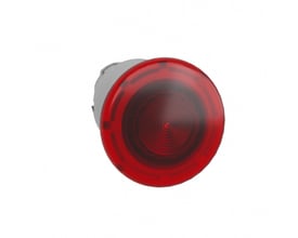 Schneider Electric Harmony XB4 svampeformet trykhoved i rød med 40mm diameter og LED-indikator, med fjederretur mekanisme på hvid baggrund.
