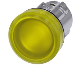 Siemens 22mm signallampe i rund gul højglans metal med glat linse på hvid baggrund.