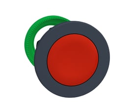 Schneider Electric Harmony XB5/ZB5 flush trykknaphoved i rød plast med en grøn monteringsring til 30 mm hul.
