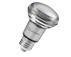Ståleffekt af en Osram Ledvance R63 LED-pære med E27-sokkel, der viser dens reflekterende overflade og mærke.