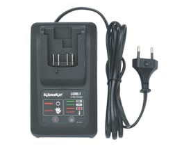 Klauke LGML1 oplader til 10,8 V Li-ion batterier med 230 V Eurostik og sort kabel, vist på hvid baggrund.