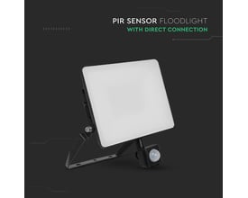 V-TAC LED projektør med indbygget PIR-sensor og direkte tilslutningsmulighed, vist på mørk baggrund.