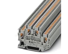 Detaljeret nærbillede af Phoenix Contact PTTB 2,5 etageklemmer i grå, der viser den innovative push-in-tilslutning og de orange betjeningsknapper til ledningsføring.