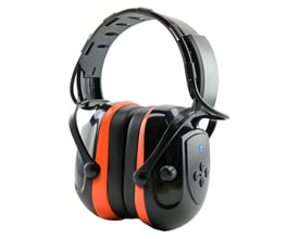 BT2 Comfort høreværn i sort med orange detaljer på ørekopperne, vist i profil med Bluetooth-knap synlig.