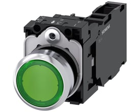 Siemens 22mm oplyst trykknap i ru metal med skinnende grøn knap og 1NO1NC kontakter. Komplet enhed med holdere og LED-modul.