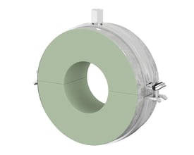 Flamco CC20 isoleret rørbøjle med PIR-isolering til 18 mm rør, vist med M8-M10 ophæng i metal og lys grøn isolering.