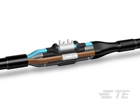 Raychem samlemuffe med skrueforbindere til 0,6/1 kV kabel, 5 x 16-35 mm2, viser tværsnit med ledere og limfyldt krympeslange.