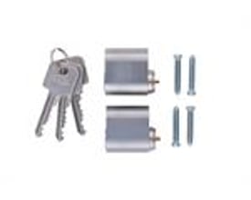 Abus GDS oval sampak med to cylindere, tre nøgler og to monteringsskruer på hvid baggrund.