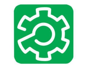 Schneider Electric konnektor kit logo, hvidt tandhjul- og forstørrelsesglas-symbol på grøn baggrund.