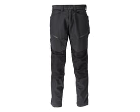 Mascot Customized 22479-230 sorte arbejdsbukser med CORDURA® knæforstærkninger og reflekser på hvid baggrund.