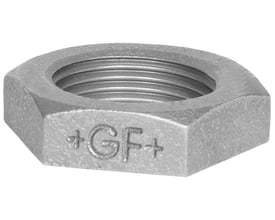 Georg Fischer galvaniseret kontramøtrik i stål med 1/4" gevind og synligt GF+ logo på en hvid baggrund.