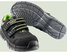 Mascot Alpamayo sikkerhedssandal i sort med grønne detaljer og velcroremme, vist med ydersiden opad.