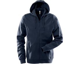 Fristads Acode hættetrøje med lynlås i mørk marine, 2XL, set forfra med hætte, lynlås og forlommer.
