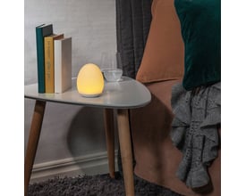 Star Trading hvid ægformet LED vågelampe, der lyser med varmt hvidt lys på et lille bord ved siden af bøger.