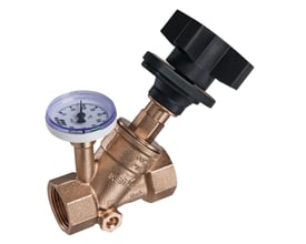 Kemper Multi-Fix-Plus cirkulationsventil i rødgods med indvendigt gevind og integreret termometer på hvid baggrund.