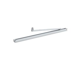 Geze Powerturn glideskinne på 691mm, en sølvfarvet metalprofil med en forbundet arm og et rundt monteringspunkt.