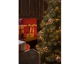 Konstsmide lyskæde med 2000 amberfarvede LED'er på en juletræsgren, med julegaver i baggrunden.