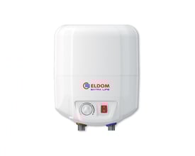Eldom 7 liters elektrisk varmtvandsbeholder til ophængning, hvid med rør ned og kontrolpanel med drejeknap og afbryder.